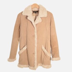 Vtg Static Penny Coat Jacket Faux Fur Trim Shearling Tan Leather Suede Women L